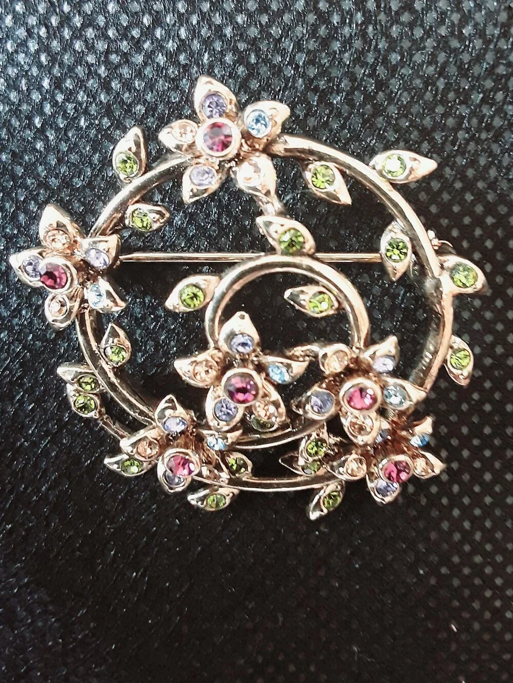 MONET Early 50's Floral Rhinestone Multi-colored Circle Gold-Tone Brooch